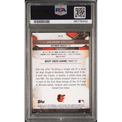 This is a psa graded baseball trading card featuring jackson holliday of the baltimore orioles, encased in clear protective packaging with printed details and team branding.