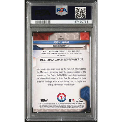 A graded PSA 10 Josh Jung 2023 Bowman’s Best Refractor Gem Mint baseball card