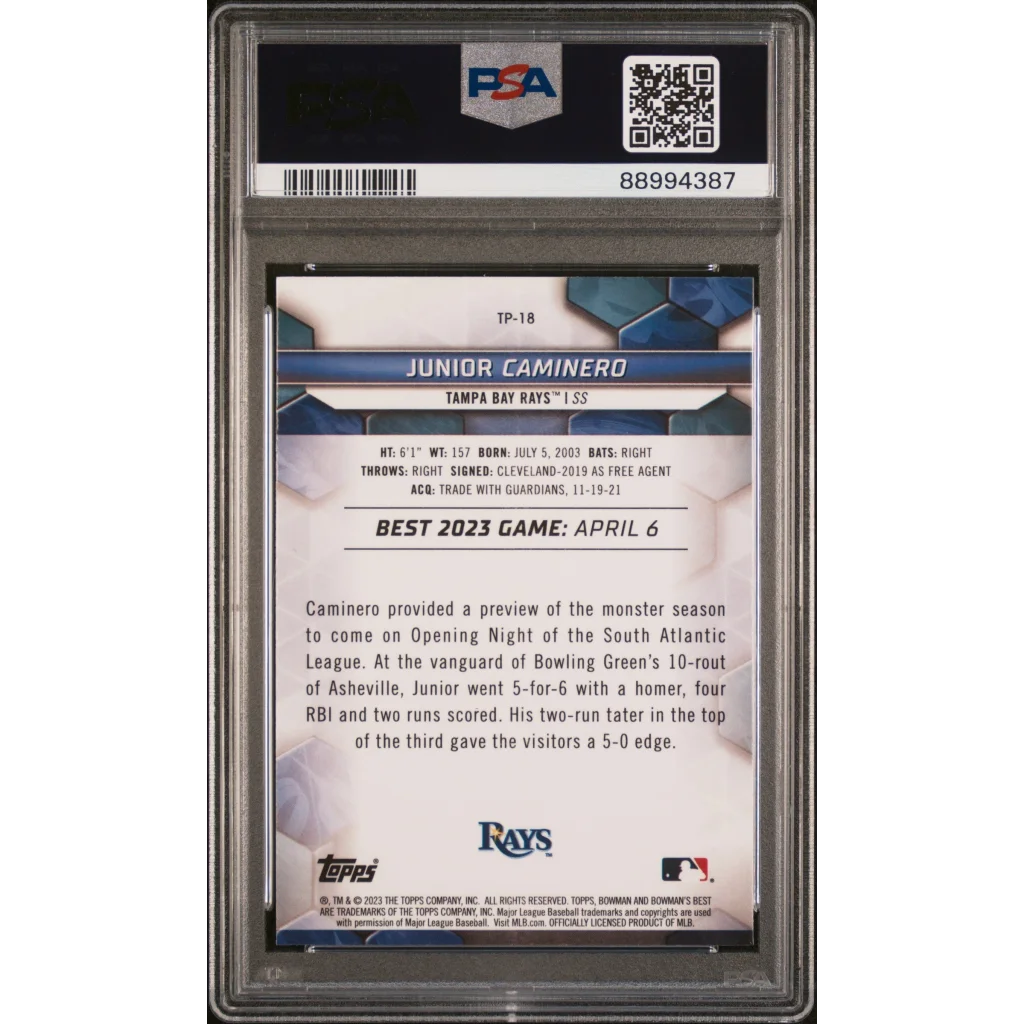 Graded 2023 Bowman’s Best Junior Caminero Baseball Card in PSA holder