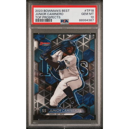 PSA graded 2023 Bowmans Best Junior Caminero baseball card on display