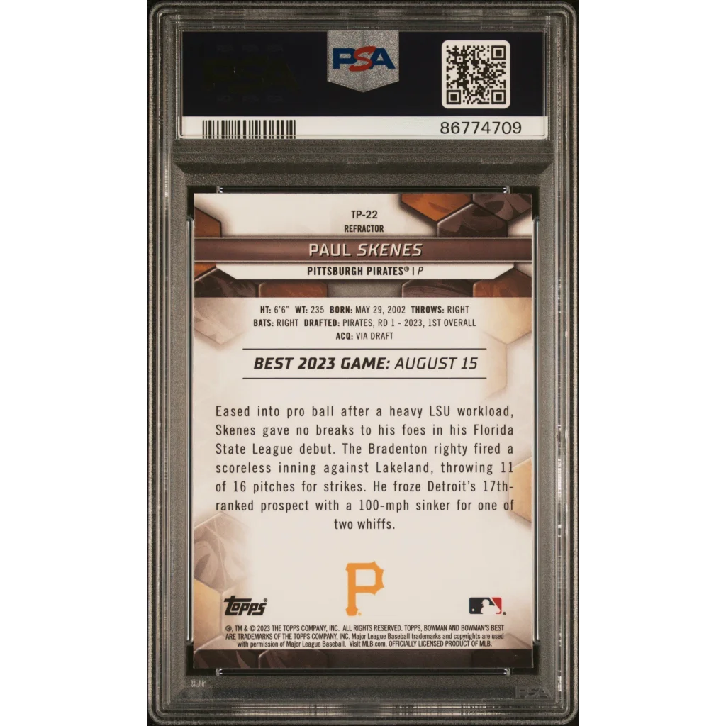 Graded 2023 Topps Bowmans Best Paul Skenes #TP22 Top Prospects Refractor Rookie RC Baseball Card PSA 10 Gem Mint | PSA 10 Gem Mint Graded Rookie Card | vintageantiquesgifts.com