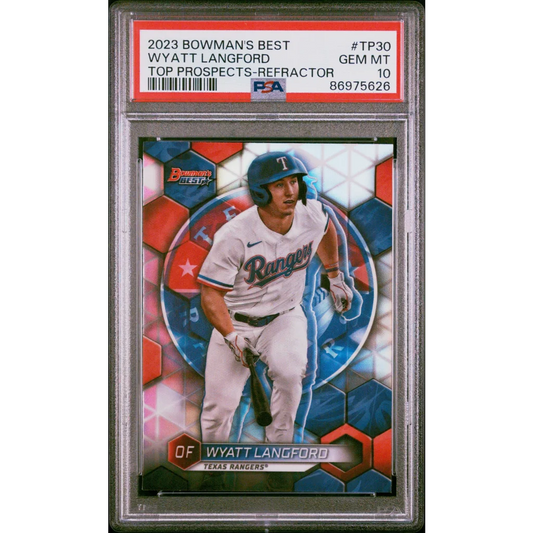 Graded 2023 Topps Bowmans Best Wyatt Langford #TP30 Top Prospects Refractor Rookie RC Baseball Card PSA 10 Gem Mint | Hall of Fame Sports Memorabilia | vintageantiquesgifts.com