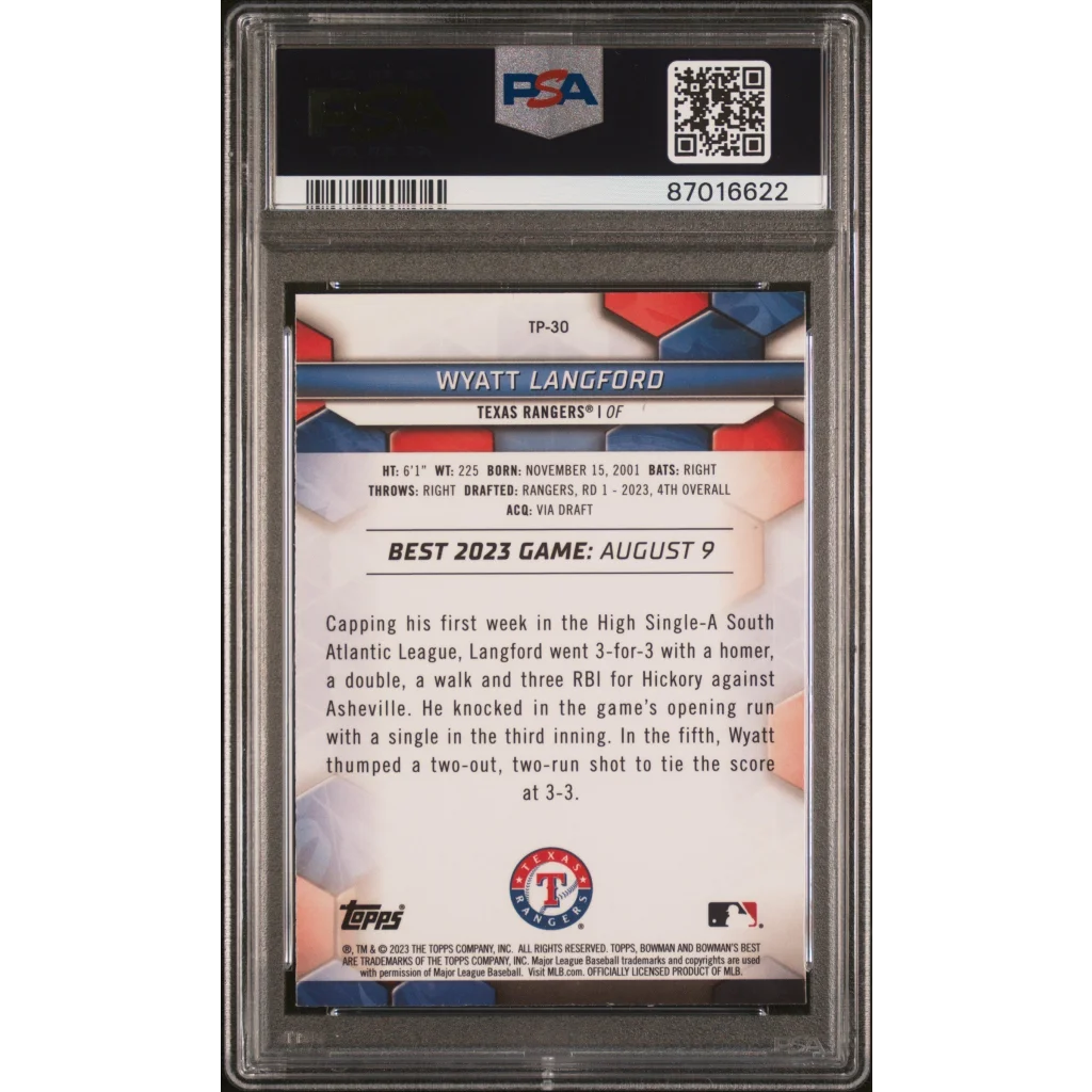 Back of PSA 10 Wyatt Langford 2023 Topps Bowman Best #TP30 RC Rangers card