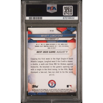 Back of PSA 10 Wyatt Langford 2023 Topps Bowman Best #TP30 RC Rangers card