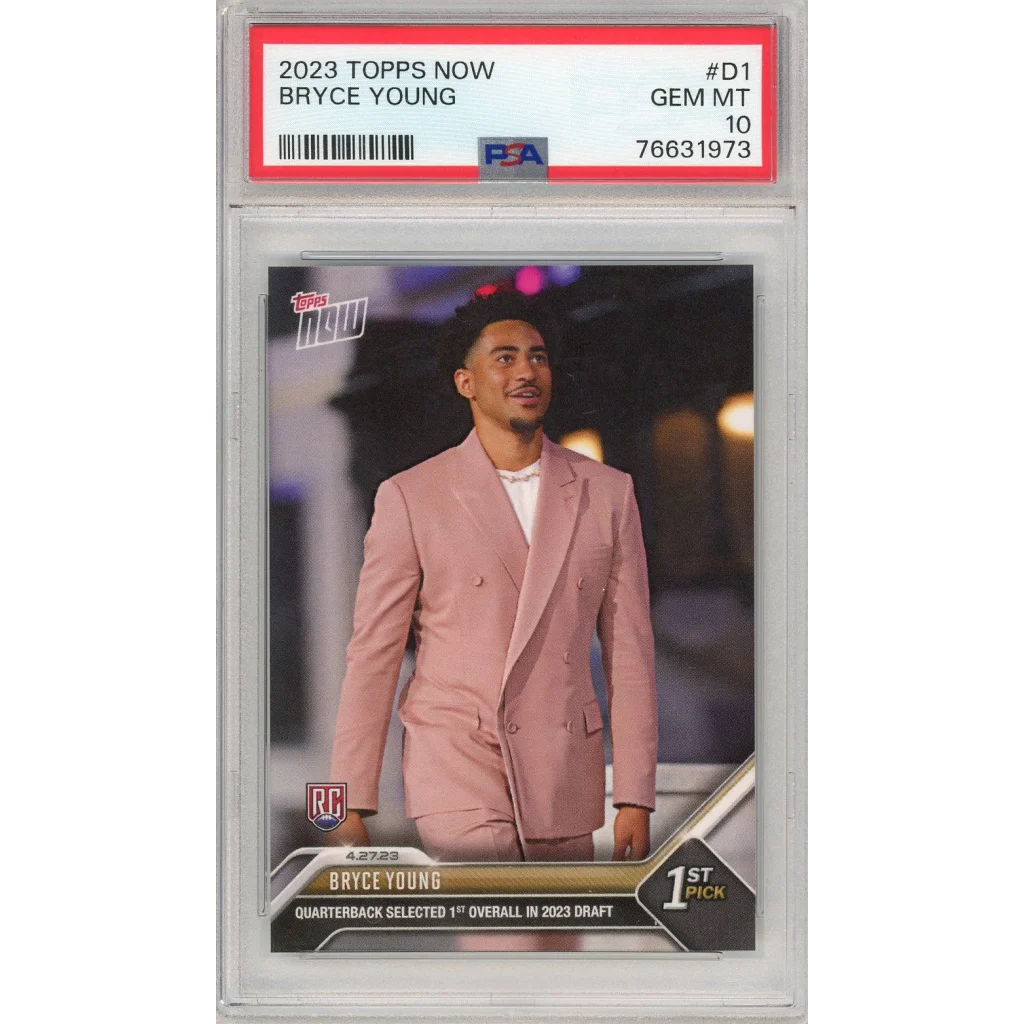 A graded 2023 Topps Now Bryce Young rookie football card in PSA 10 GEM MT slab