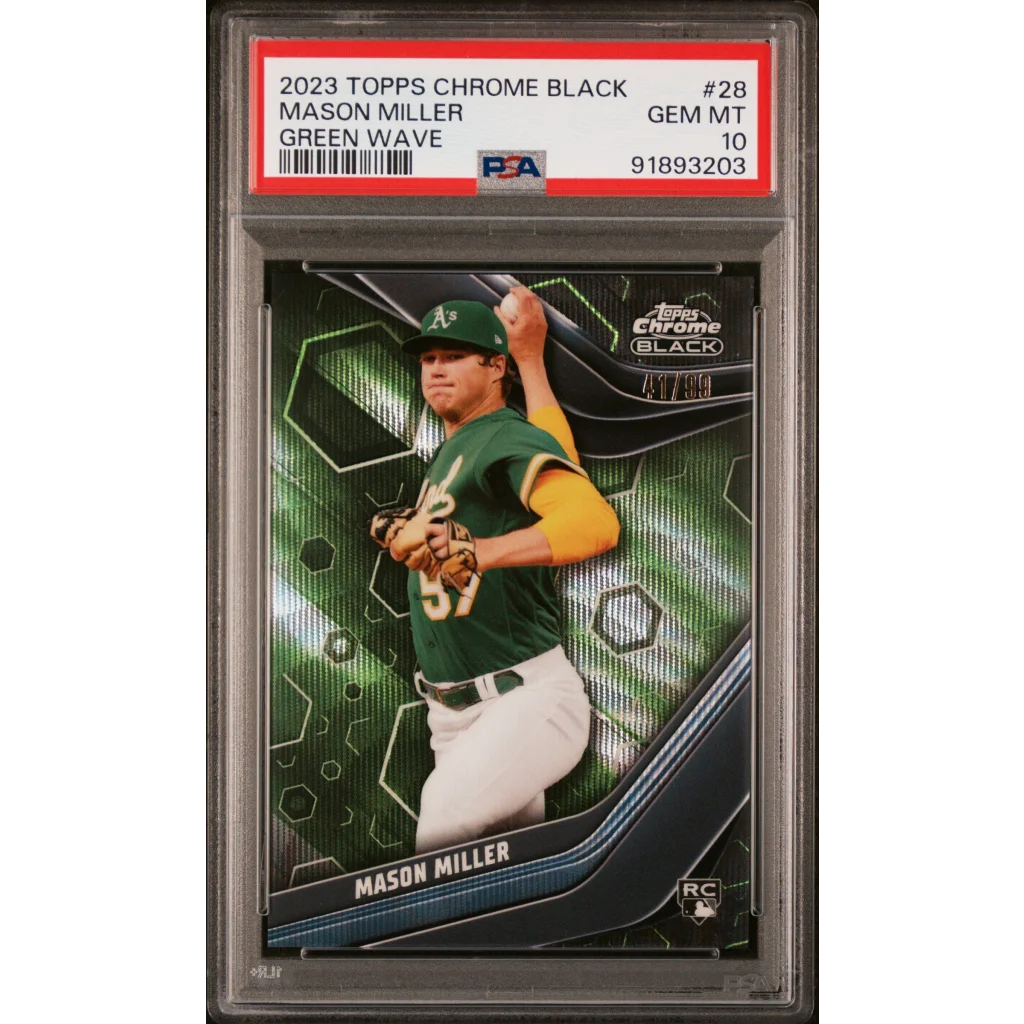 A graded Mason Miller Oakland Athletics baseball card in a green uniform