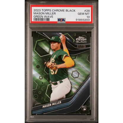 A graded Mason Miller Oakland Athletics baseball card in a green uniform
