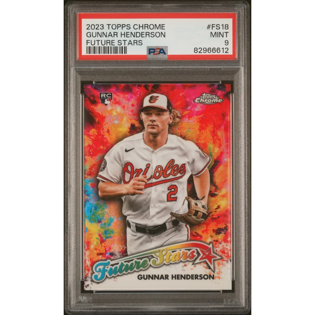 PSA Graded 2023 Topps Chrome Gunnar Henderson Future Stars baseball card on display
