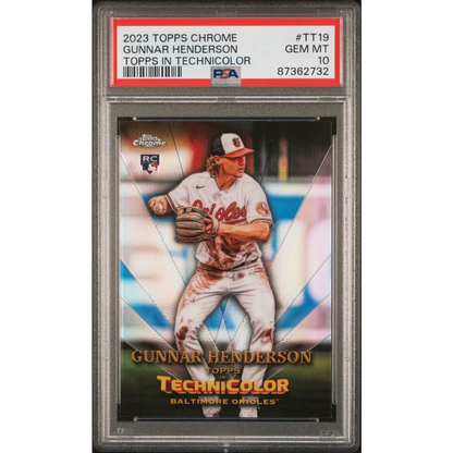 PSA graded 2023 Topps Chrome Gunnar Henderson Technicolor baseball card in product image