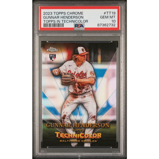 PSA graded 2023 Topps Chrome Gunnar Henderson Technicolor baseball card in product image