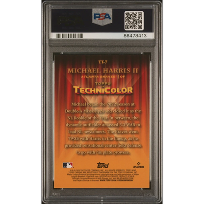 A graded Michael Harris II 2023 Topps Chrome Rookie Card in PSA case