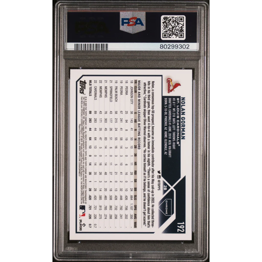 PSA 10 Nolan Gorman Pink Chrome Rookie Card in clear protective slab, gem mint perfection