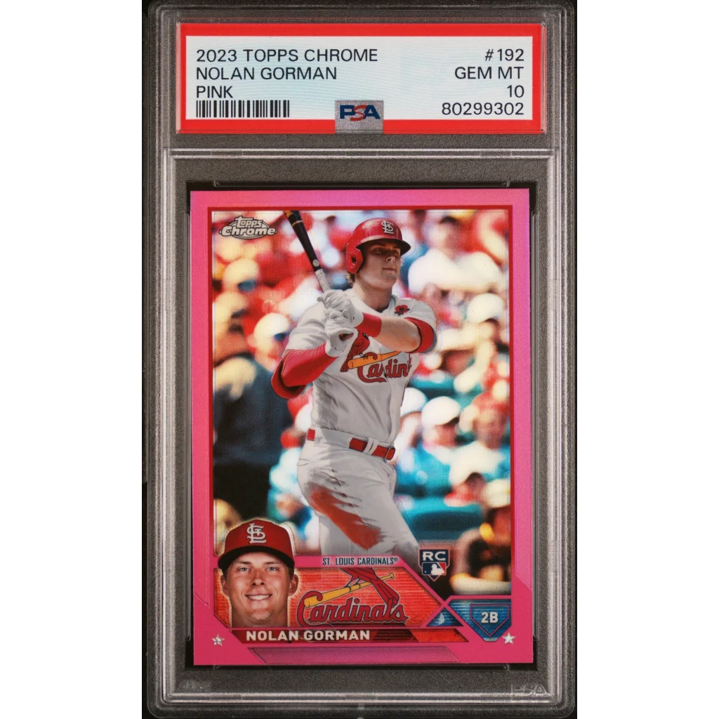 Graded 2023 Topps Chrome Nolan Gorman #192 Pink Rookie RC Baseball Card PSA 10 Gem Mint | Hall of Fame Sports Memorabilia | vintageantiquesgifts.com