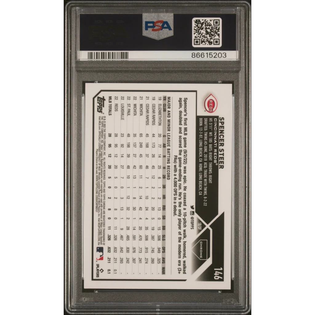 Graded 2023 Topps Chrome Spencer Steer #146 Magenta #/399 Rookie RC Baseball Card PSA 10 Gem Mint | PSA 10 Gem Mint Graded Rookie Card | vintageantiquesgifts.com