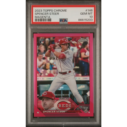 Graded 2023 Topps Chrome Spencer Steer #146 Magenta #/399 Rookie RC Baseball Card PSA 10 Gem Mint | Hall of Fame Sports Memorabilia | vintageantiquesgifts.com
