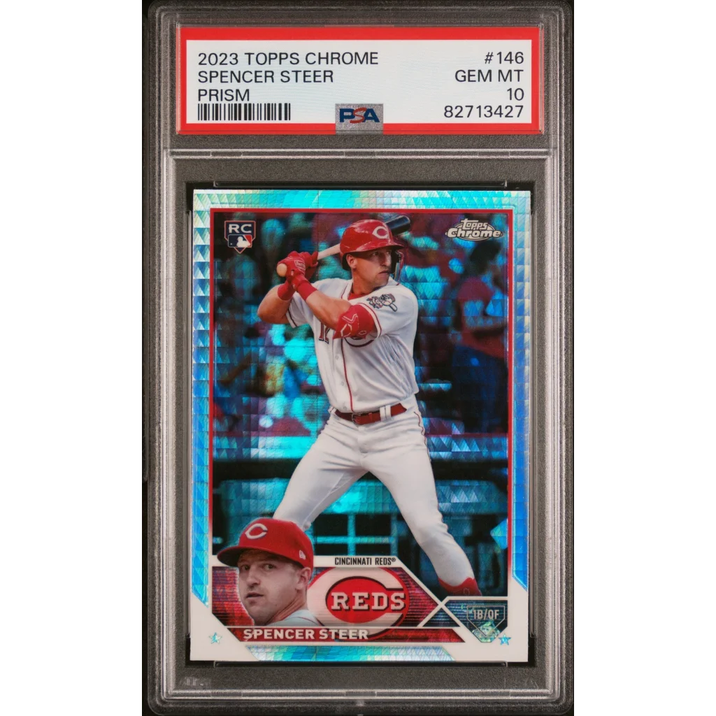 PSA graded Spencer Steer baseball trading card collectible on display