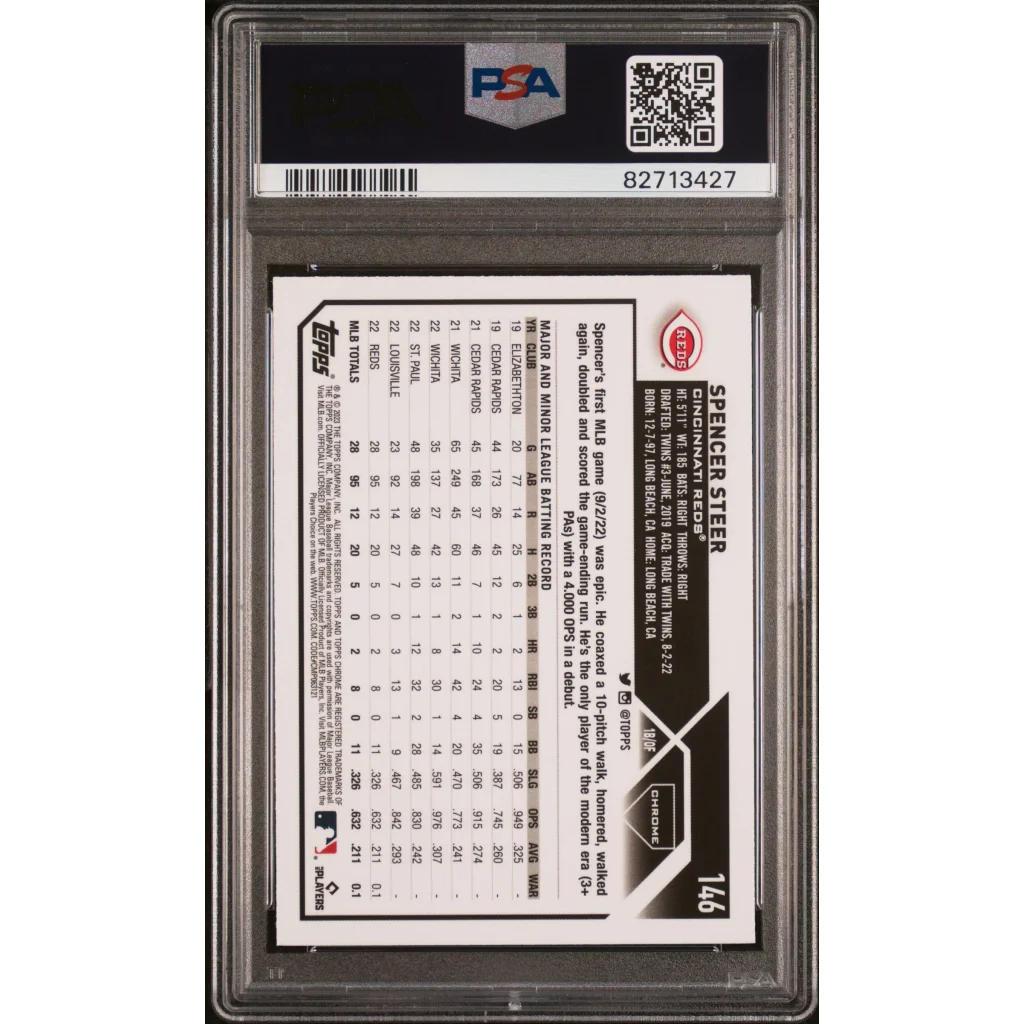 Graded 2023 Topps Chrome Spencer Steer #146 Prism Rookie RC Baseball Card PSA 10 Gem Mint | PSA 10 Gem Mint Graded Rookie Card | vintageantiquesgifts.com