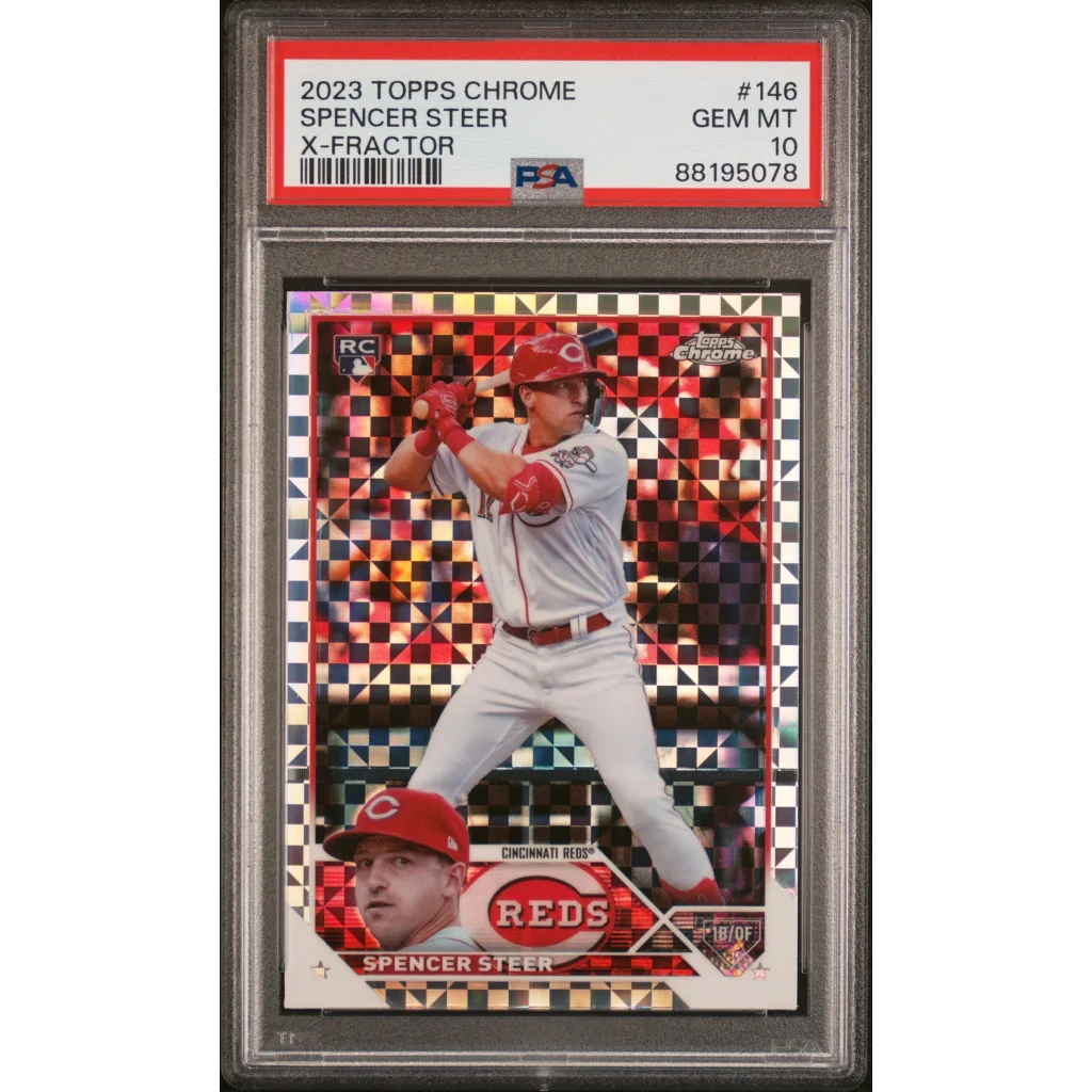 PSA graded Spencer Steer X-Fractor card from 2023 Topps Chrome baseball set