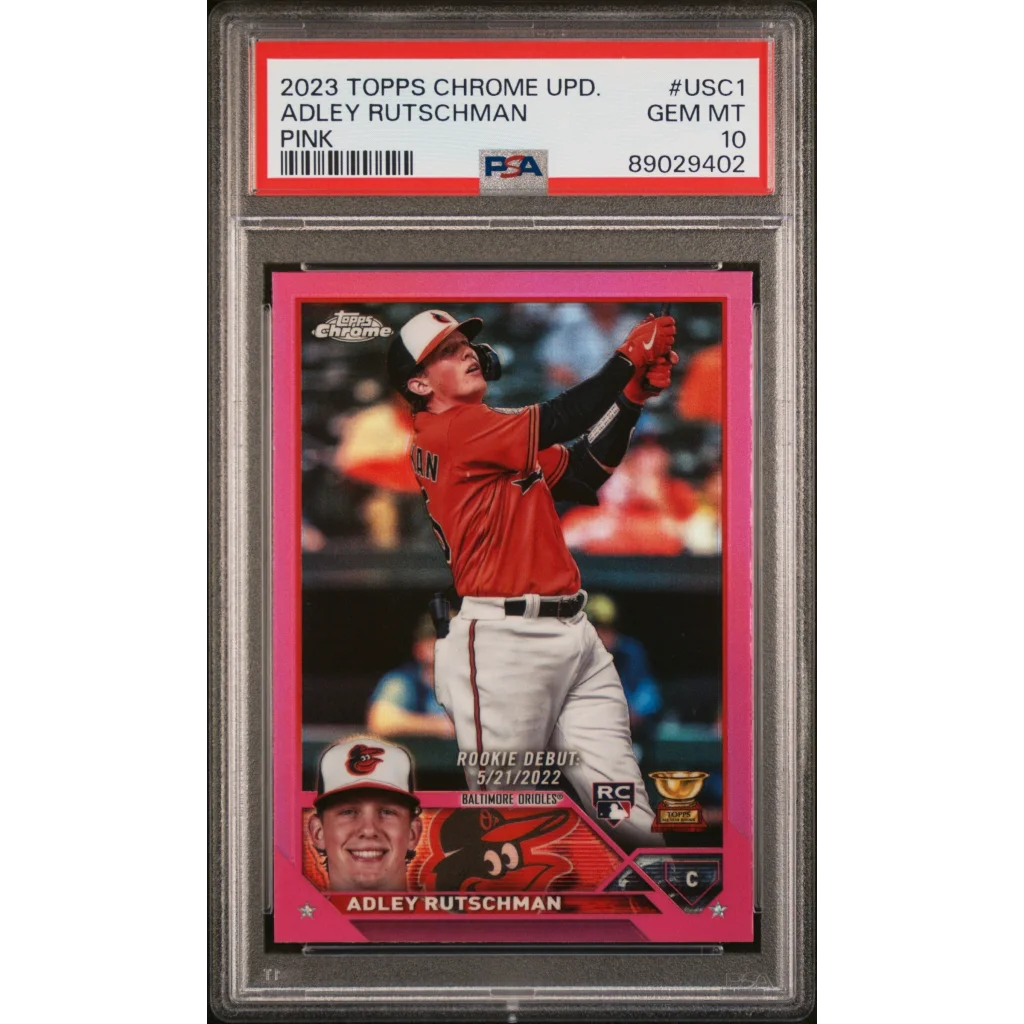 PSA graded 2023 Topps Chrome Adley Rutschman Pink Treasure Card on display