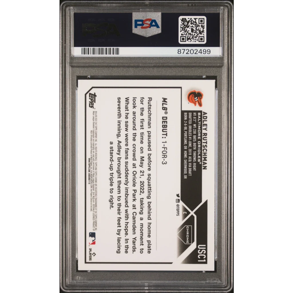 Graded 2023 Topps Chrome Update Adley Rutschman #USC1 Prism Rookie RC Baseball Card PSA 10 Gem Mint | PSA 10 Gem Mint Graded Rookie Card | vintageantiquesgifts.com