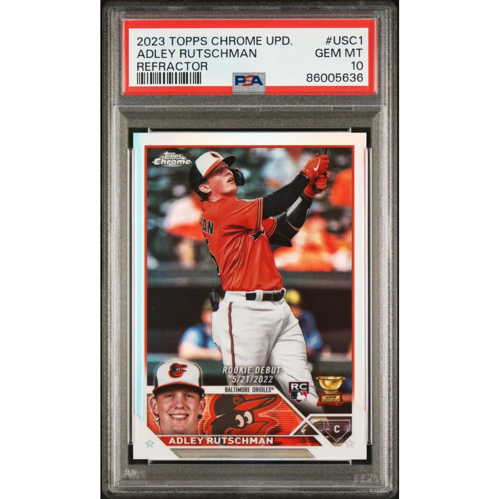 PSA graded Adley Rutschman 2023 Topps Chrome Update Refractor baseball card image