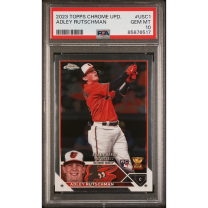 A graded PSA 10 Gem Mint 2023 Topps Chrome Update Adley Rutschman baseball card