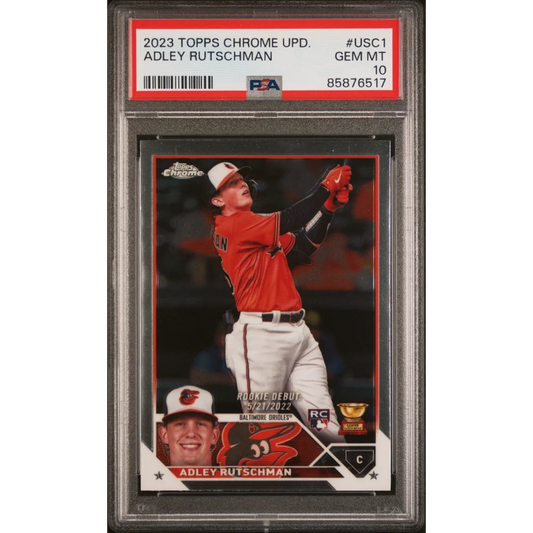 A graded PSA 10 Gem Mint 2023 Topps Chrome Update Adley Rutschman baseball card