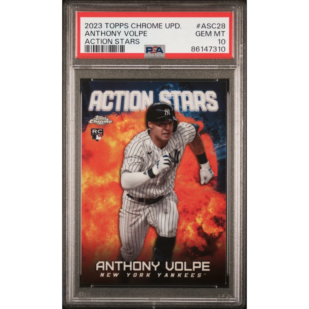 PSA graded Anthony Volpe Topps Chrome Update sports card showing action stars image