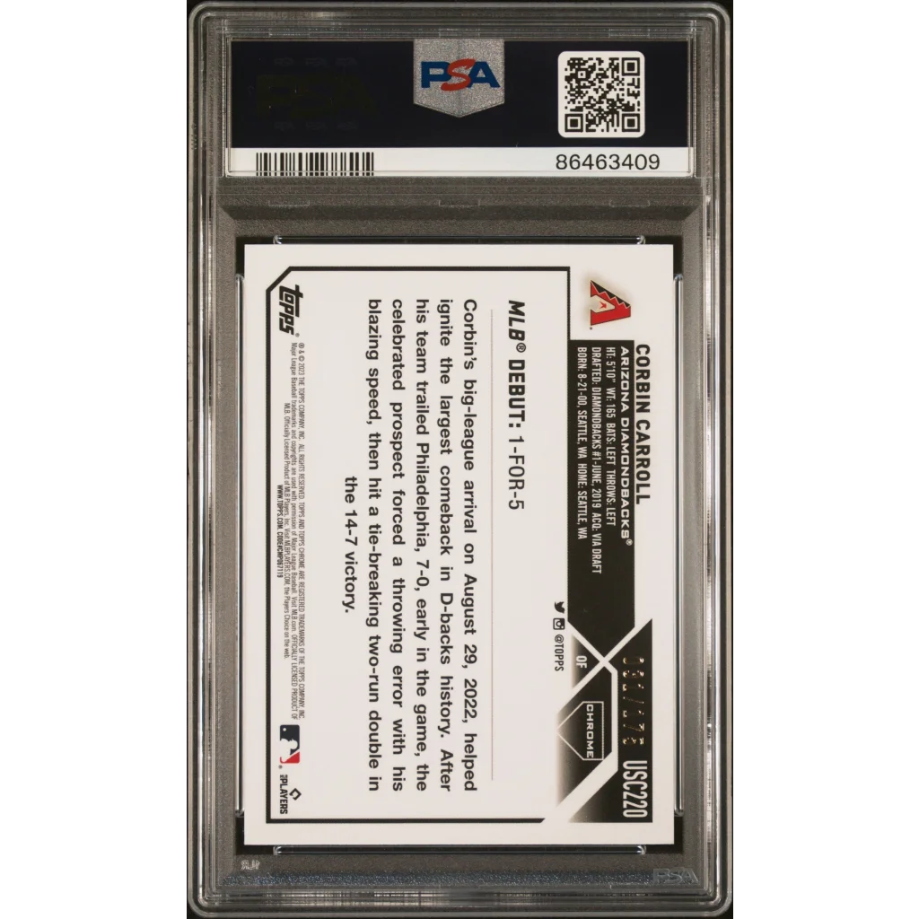 Graded Corbin Carroll baseball card with aqua blue lava lamp chrome look in PSA case