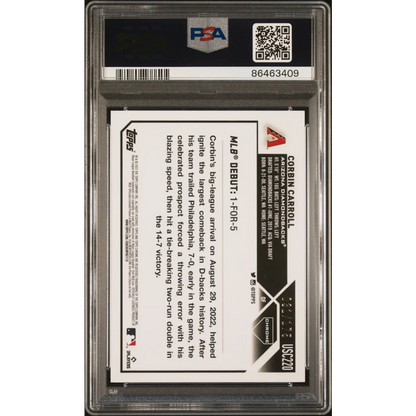 Graded Corbin Carroll baseball card with aqua blue lava lamp chrome look in PSA case
