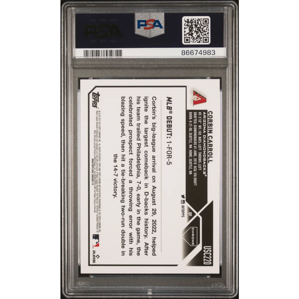 Professional graded PSA 2023 Topps Chrome Corbin Carroll Prism Rookie Card in protective slab