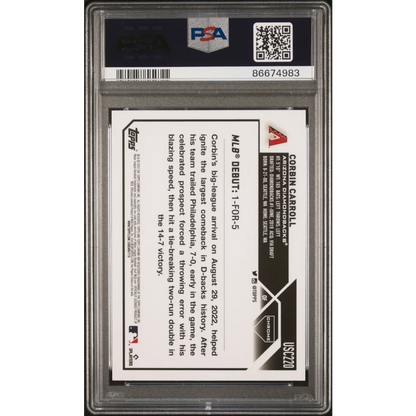 Professional graded PSA 2023 Topps Chrome Corbin Carroll Prism Rookie Card in protective slab