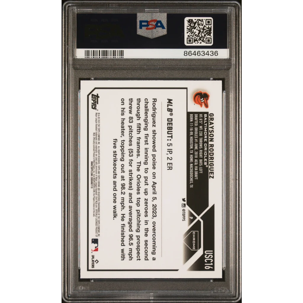 Graded 2023 Topps Chrome Update Grayson Rodriguez #USC16 Prism Rookie RC Baseball Card PSA 10 Gem Mint | PSA 10 Gem Mint Graded Rookie Card | vintageantiquesgifts.com