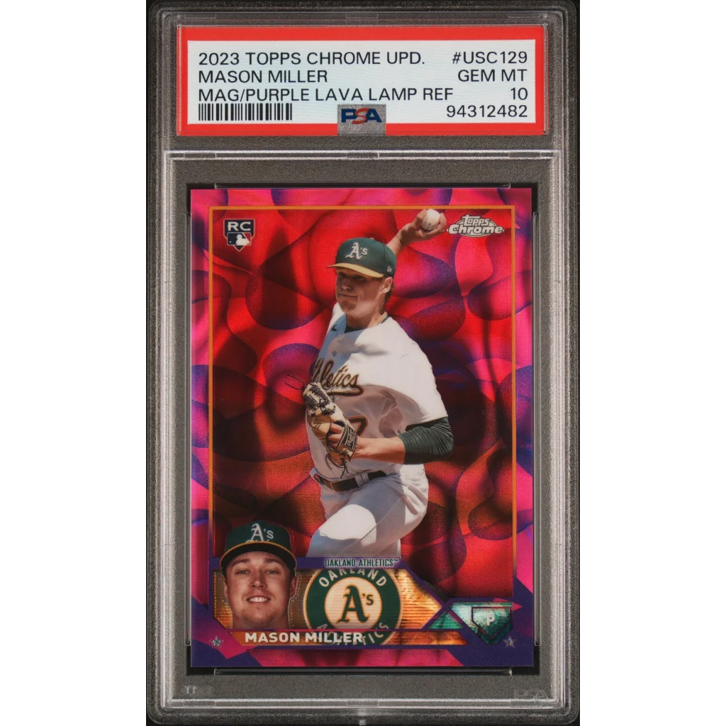 PSA 10 Mason Miller Purple Lava Lamp Refractor baseball card front view