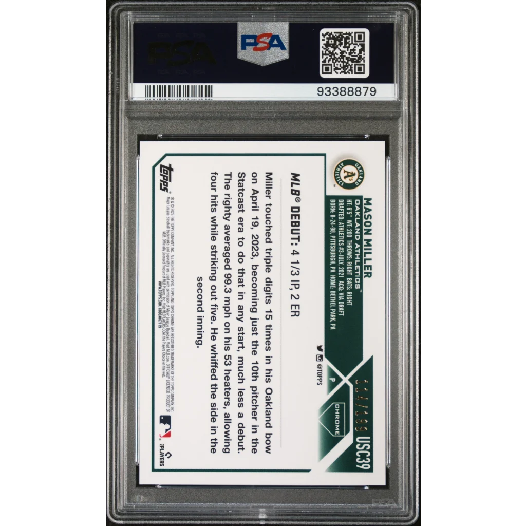 Graded Mason Miller Oakland Athletics Aqua Chrome Rookie Card in PSA holder