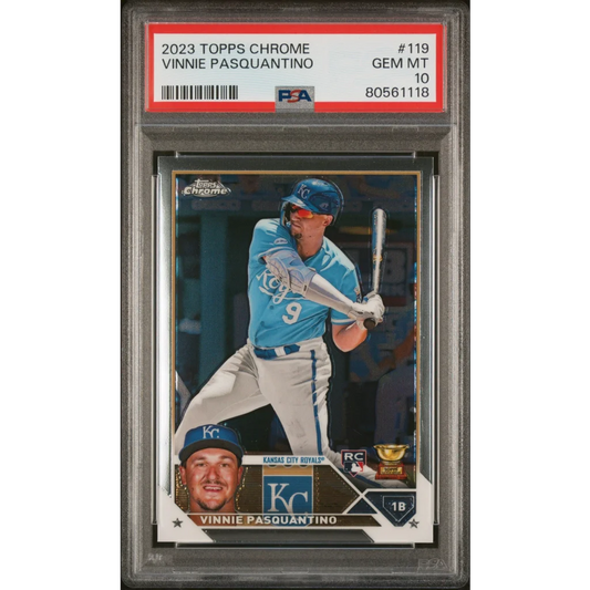 PSA 10 Vinnie Pasquantino 2023 Topps Chrome baseball card, Gem Mint grade