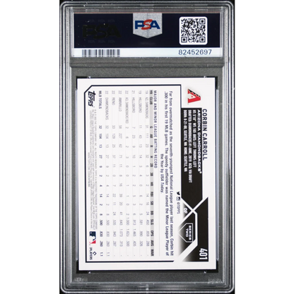 PSA graded 2023 Topps Corbin Carroll Gold Star baseball card on display