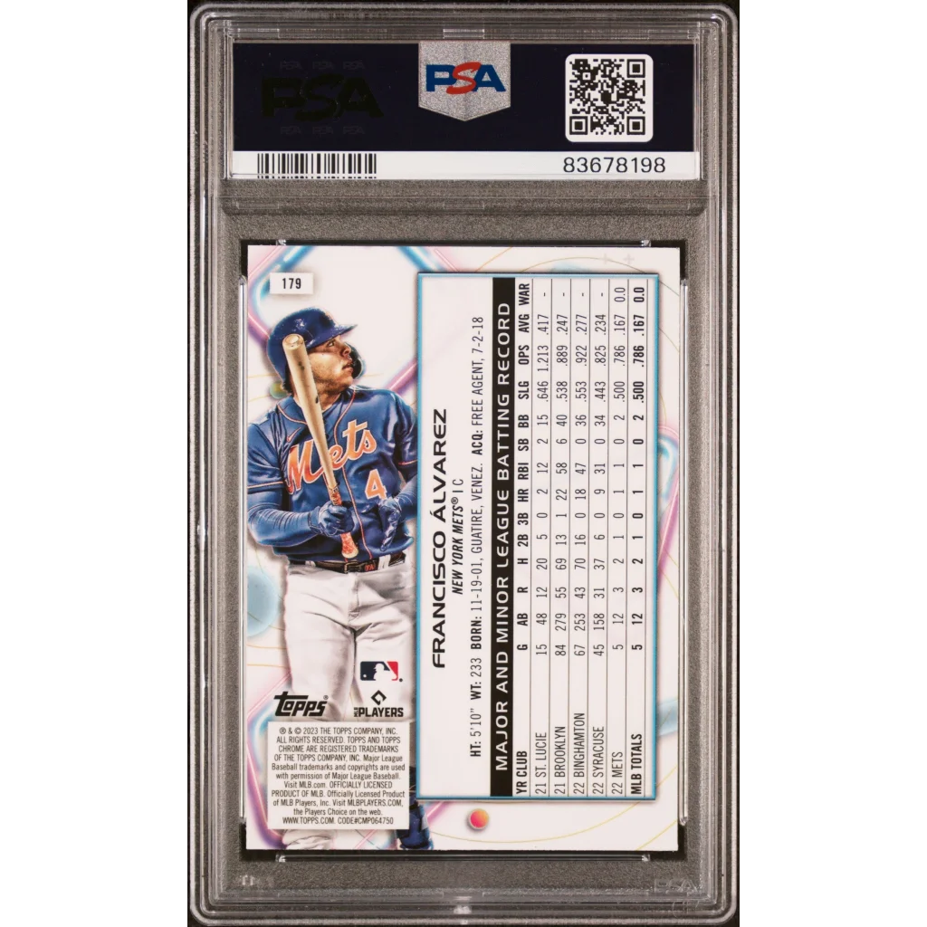 PSA graded Francisco Alvarez 2023 Topps Cosmic Chrome baseball card on display