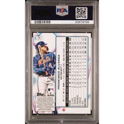 PSA graded Francisco Alvarez 2023 Topps Cosmic Chrome baseball card on display
