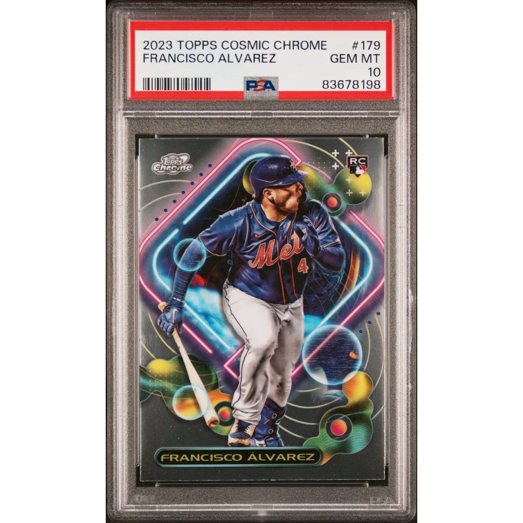PSA Graded 2023 Topps Cosmic Chrome Francisco Alvarez baseball card on display