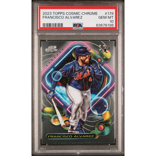PSA Graded 2023 Topps Cosmic Chrome Francisco Alvarez baseball card on display