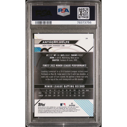 Graded Anthony Volpe 2023 Finest Rookie Card PSA 10 GEM MINT on display