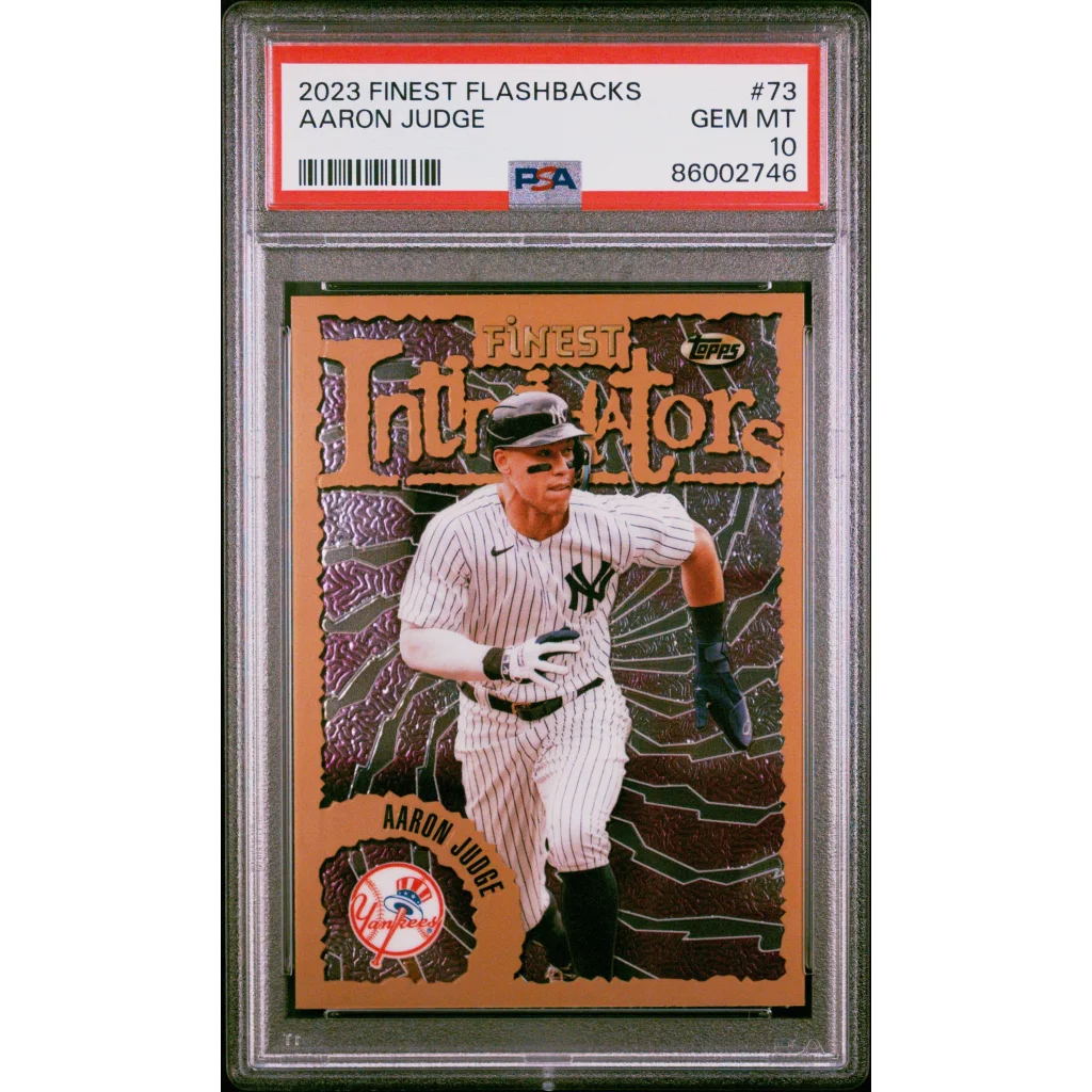 PSA graded 2023 Topps Finest Flashbacks Aaron Judge baseball card showing vibrant design