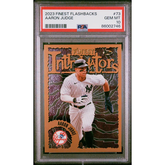 PSA graded 2023 Topps Finest Flashbacks Aaron Judge baseball card showing vibrant design