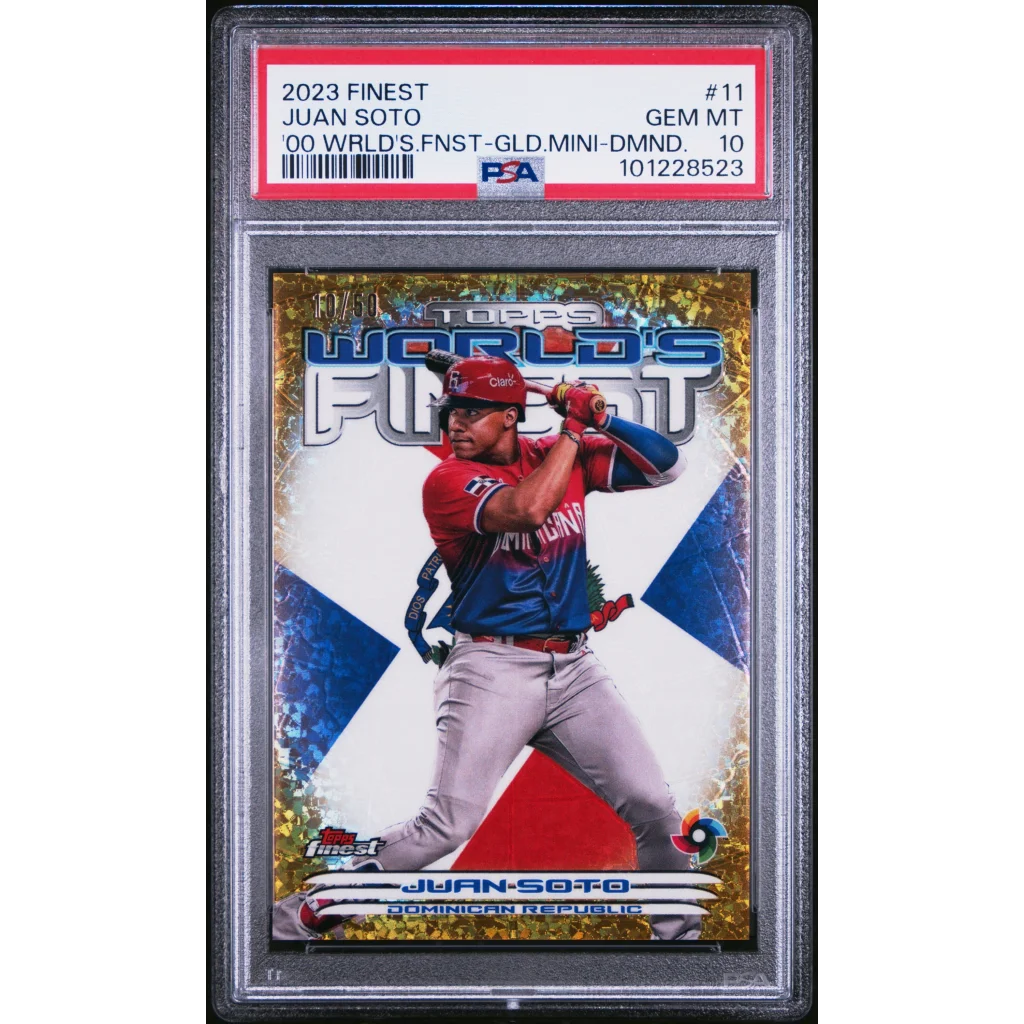 Graded PSA 10 2023 Topps Finest Juan Soto Gold Mini Diamond #/50 card
