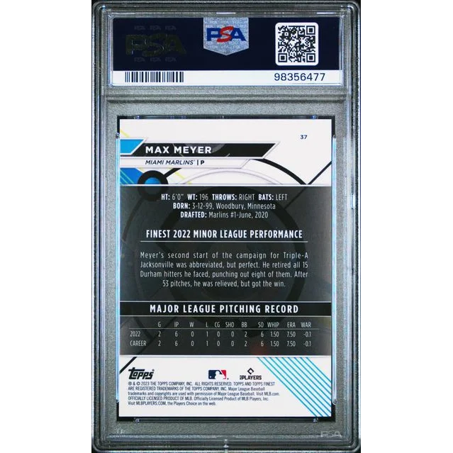 Graded 2023 Topps Finest Max Meyer #37 /125 Green Speckle Rookie RC Baseball Card PSA 10 Gem Mint | PSA 10 Gem Mint Graded Rookie Card | vintageantiquesgifts.com