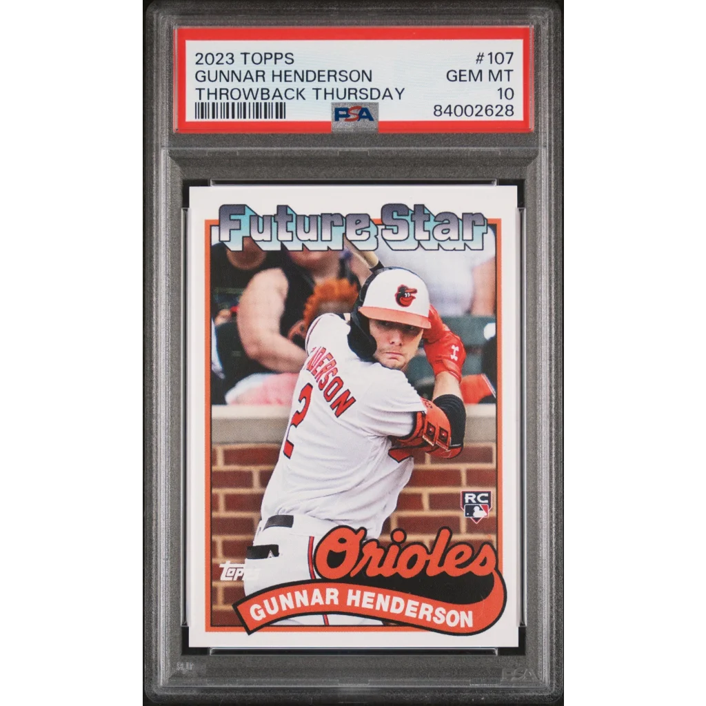 A graded 2023 Topps Gunnar Henderson baseball card in PSA Treasure display