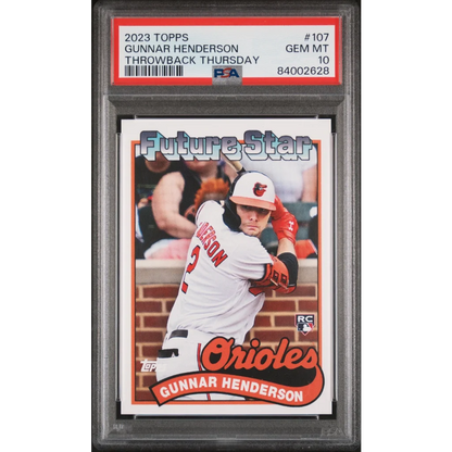 A graded 2023 Topps Gunnar Henderson baseball card in PSA Treasure display