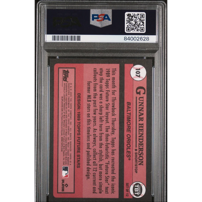 Baseball card of Gunnar Henderson in PSA graded slab from 2023 Topps collection