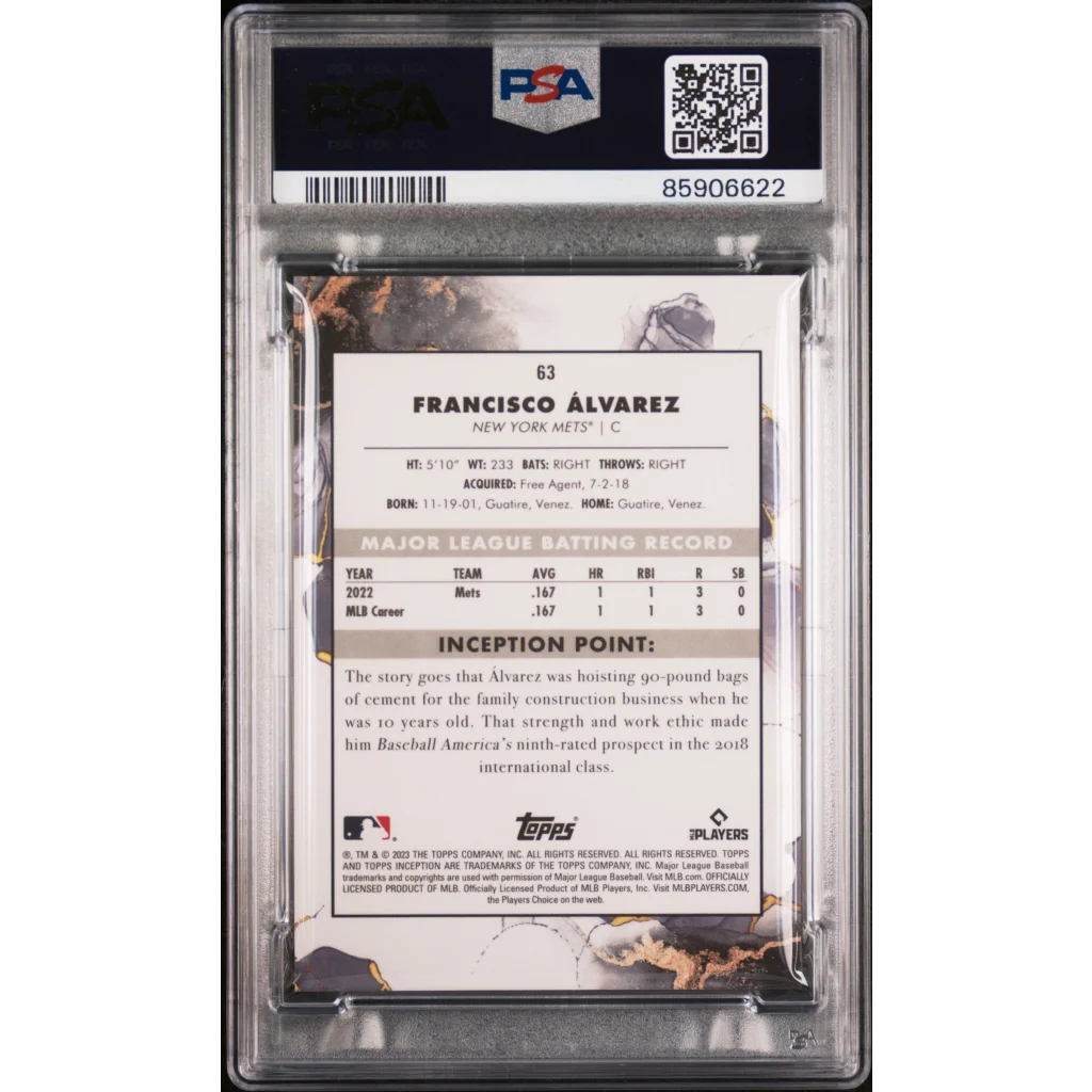Graded 2023 Topps Inception Francisco Alvarez #63 Rookie RC Baseball Card PSA 10 Gem Mint | PSA 10 Gem Mint Graded Rookie Card | vintageantiquesgifts.com